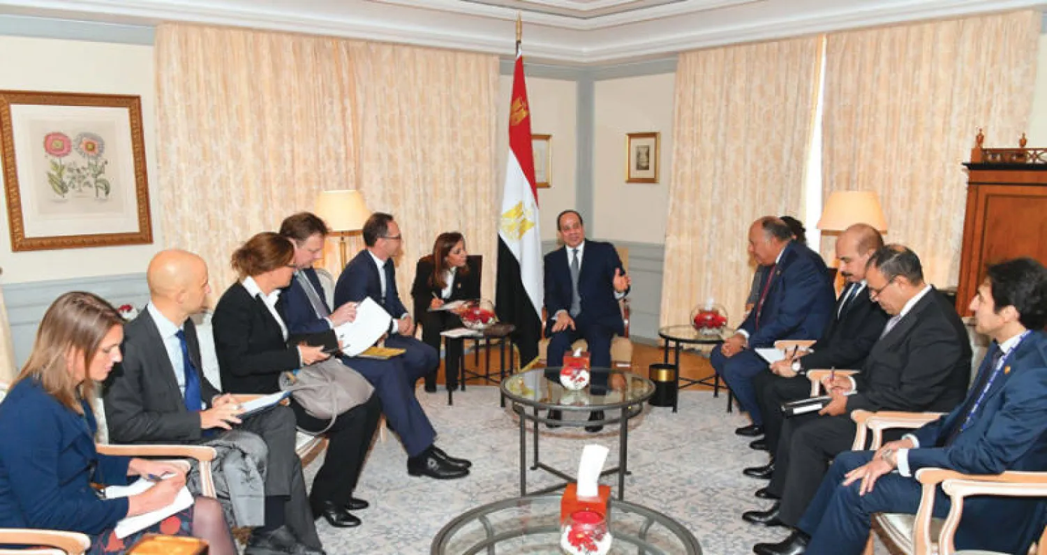 الرئيس المصري أثناء مباحثاته مع وزير الخارجية الألماني هايكو ماس في برلين أمس (الرئاسة المصرية)