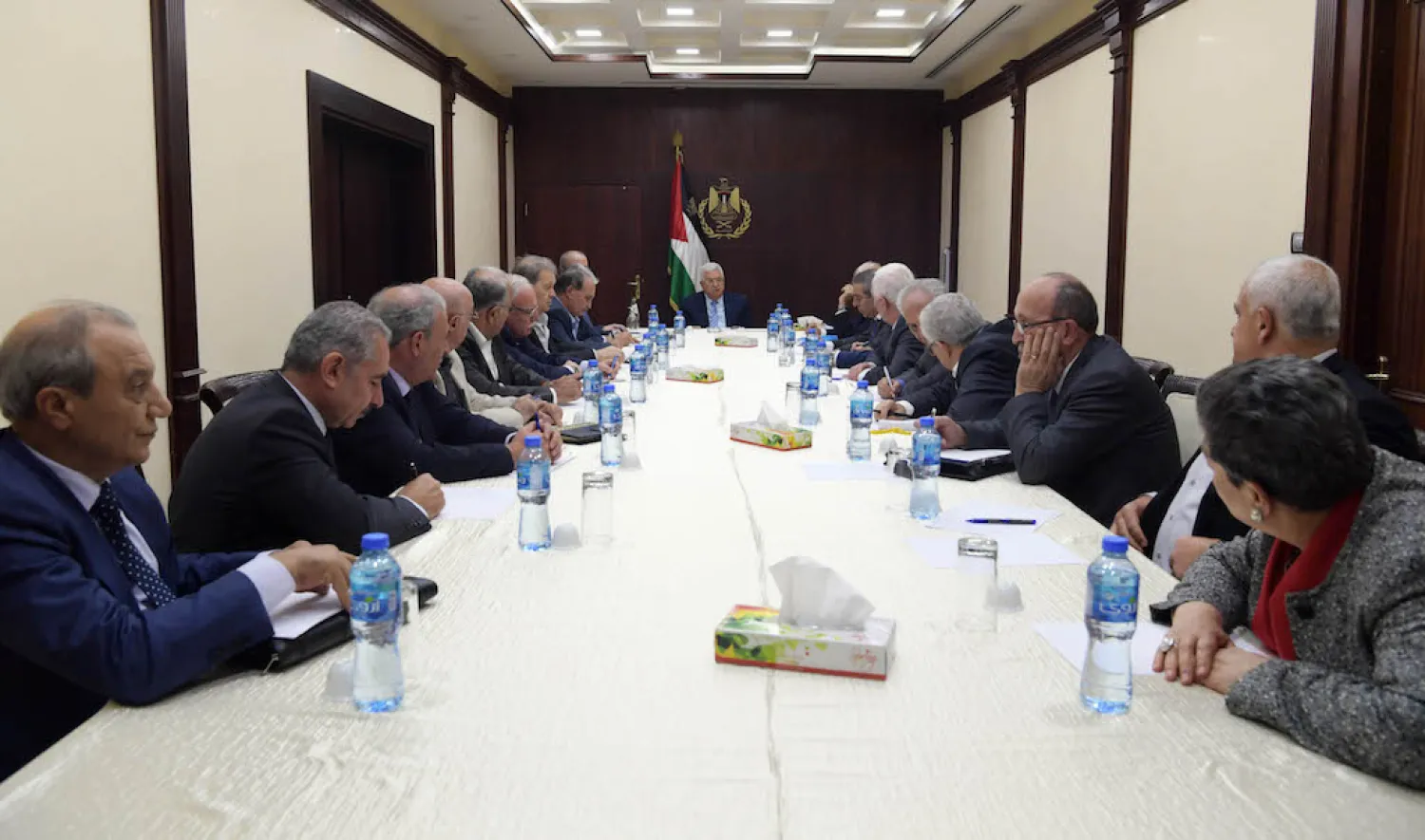 Palestinian President Mahmoud Abbas chairs the Higher National Committee meeting. (Wafa)