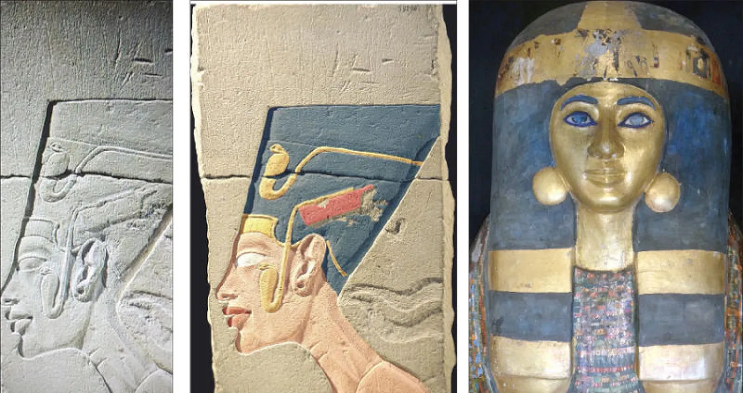 أحد التماثيل الملونة افتراضياً - لوحة لنفرتيتي بعد تجديدها بالألوان افتراضياً