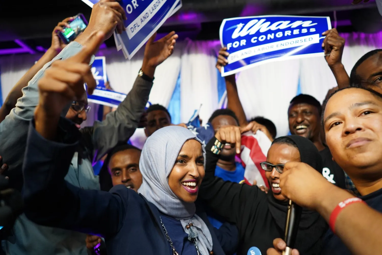 Ilhan Omar celebrates her victory. AP photo