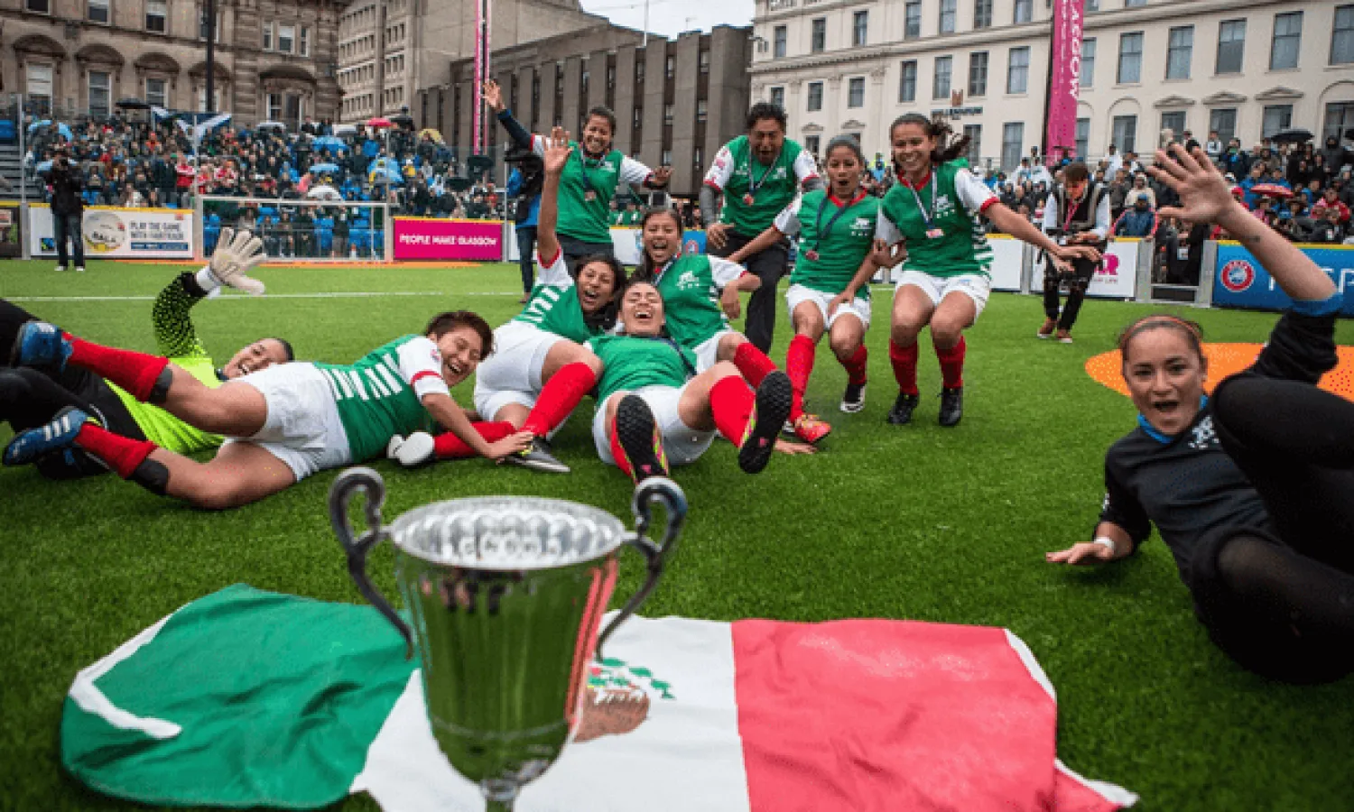  Mexico show their delight at winning the Women’s Homeless World Cup in Glasgow in 2016. Photograph: @homelesswrldcup/Instagram
