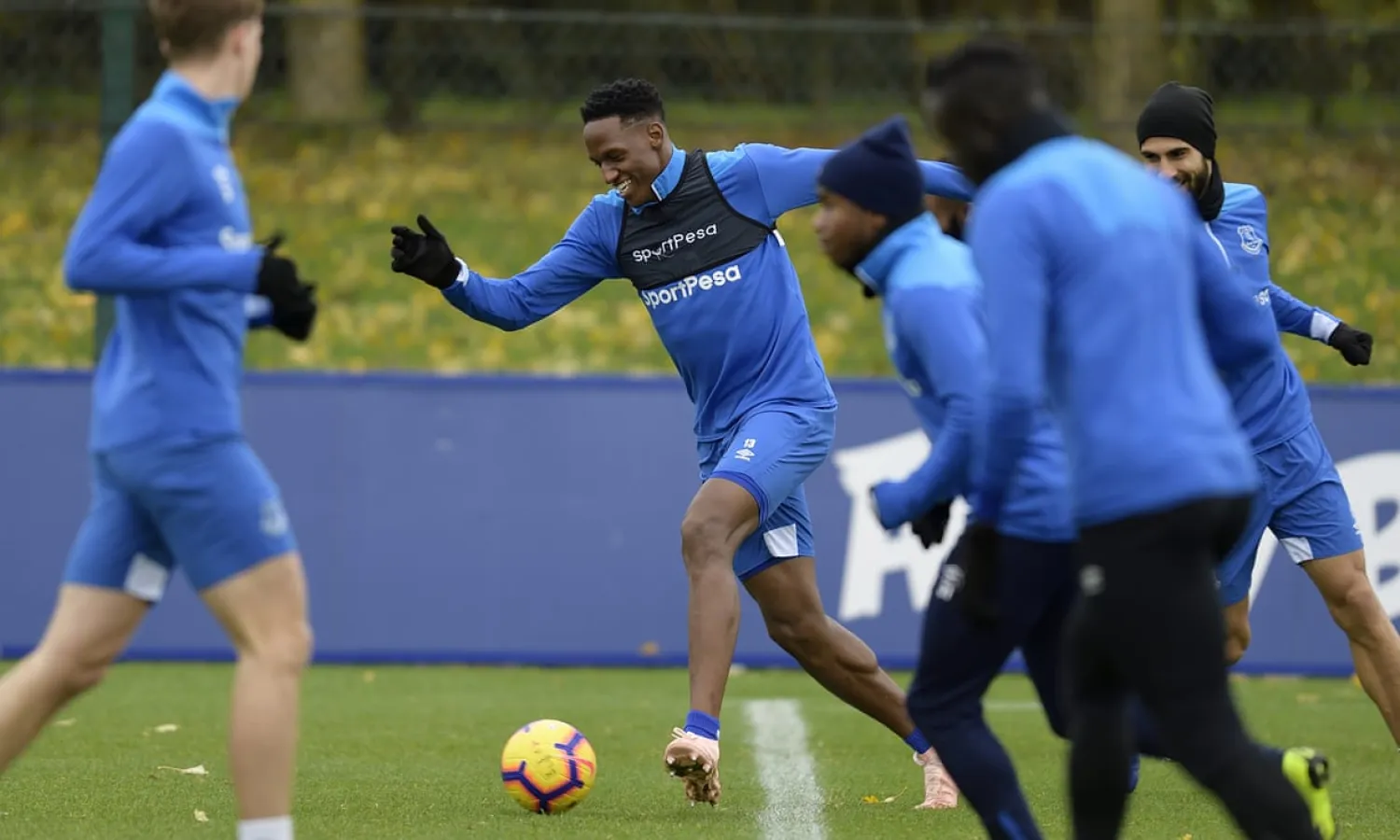 Yerry Mina gets busy during training at Everton’s Finch Farm. Photograph: Tony McArdle/Everton FC via Getty Images