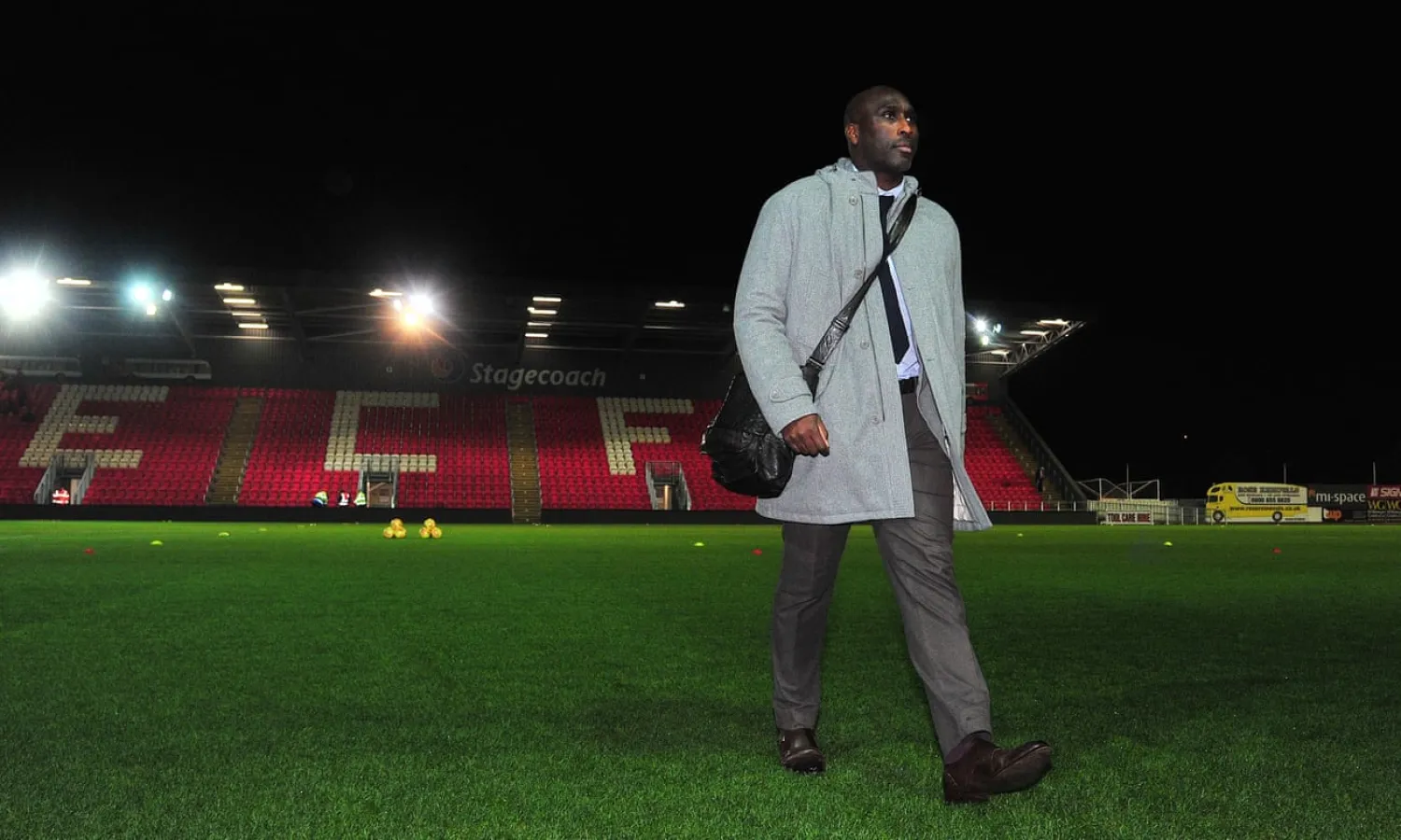  Sol Campbell surveys the scene at Exeter City, where he watched his new team, Macclesfield Town, win 1-0. Photograph: Tom Sandberg/PPAUK
