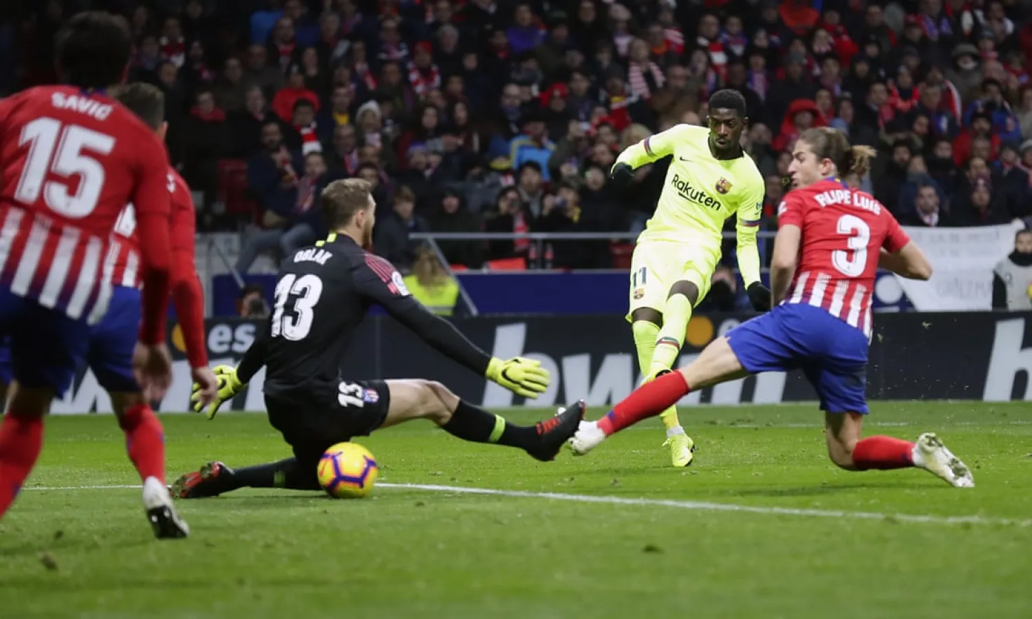  Barcelona’s Ousmane Dembélé scores his side’s late equaliser against Atlético Madrid. Photograph: Manu Fernández/AP