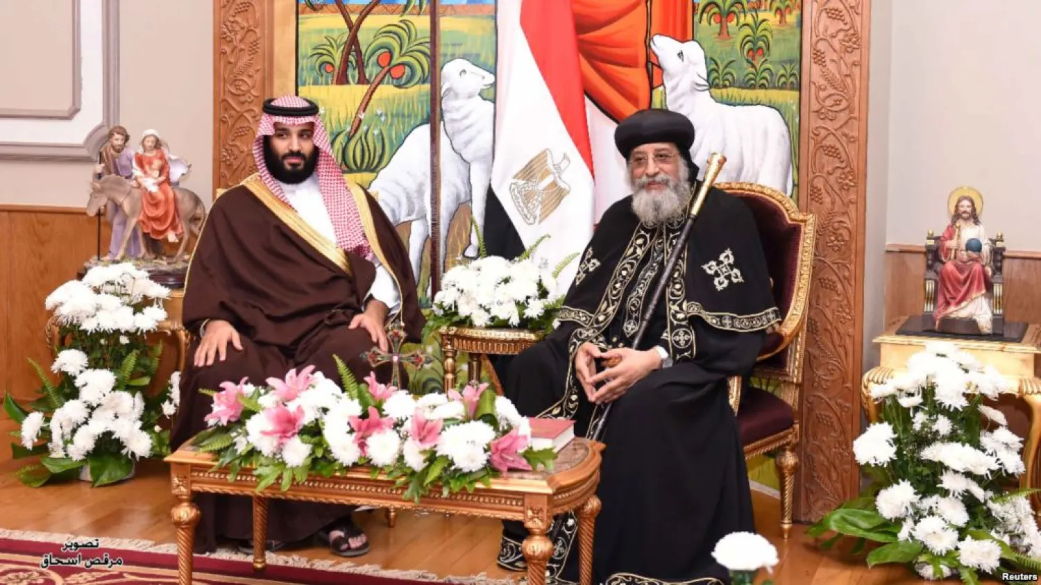 Pope Tawadros II, head of the Egyptian Coptic Orthodox Church, receives Saudi Crown Prince Mohammad Bin Salman in Cairo, March 5, 2018, in this picture courtesy of the Egyptian Presidency (Reuters)