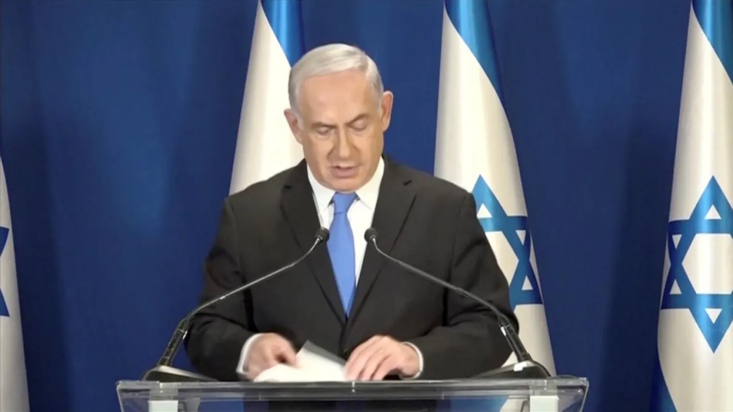 Israeli Prime Minister Benjamin Netanyahu delivers a statement in Jerusalem, in this picture grab taken February 13, 2018. Israeli Pool/via REUTERS