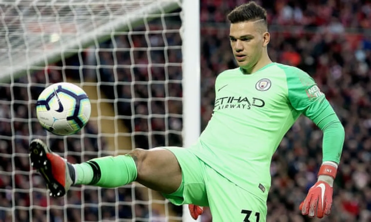  Ederson keeps the ball under control during the 0-0 draw at Liverpool. Photograph: Rich Linley/CameraSport via Getty Images
