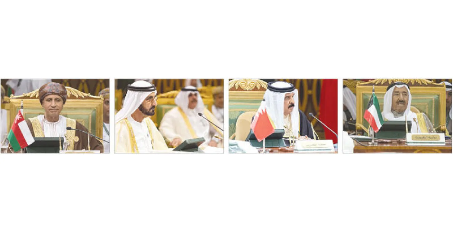 الشيخ صباح الأحمد الجابر الصباح أمير دولة الكويت (واس) - الملك حمد بن عيسى آل خليفة ملك البحرين - الشيخ محمد بن راشد آل مكتوم  نائب رئيس دولة الإمارات - فهد آل سعيد نائب رئيس الوزراء في سلطنة عمان