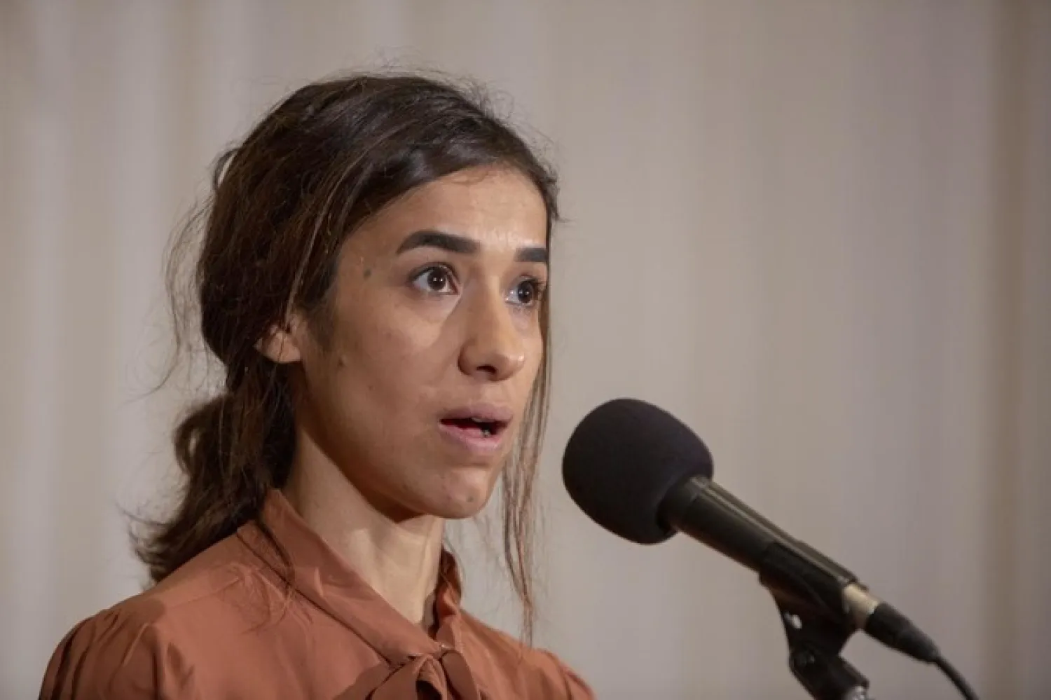 Nadia Murad speaking in Washington after winning the Nobel Peace prize last week. (AFP)
