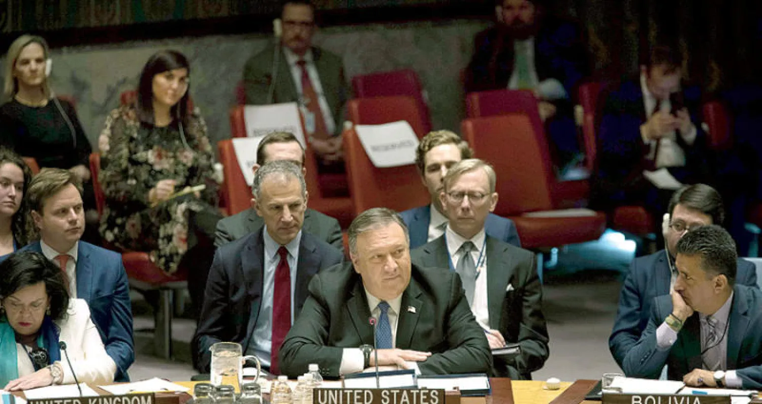 بومبيو يتحدث خلال جلسة مجلس الأمن امس (أ.ف.ب.)