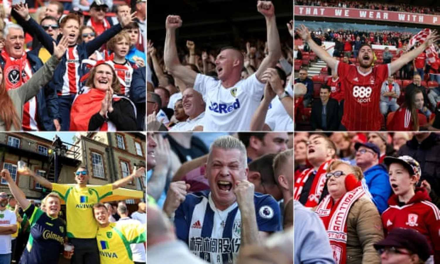 Clockwise from top left: Sheffield United, Leeds, Nottingham Forest, Middlesbrough, West Brom and Norwich fans have had plenty to cheer this season. Composite: Getty Images, PA, Christopher Thomond
