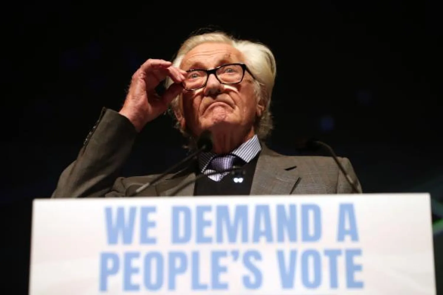 هيزلتاين خلال مشاركته في مؤتمر مناهضي بريكست الأحد الماضي (ا.ف.ب)