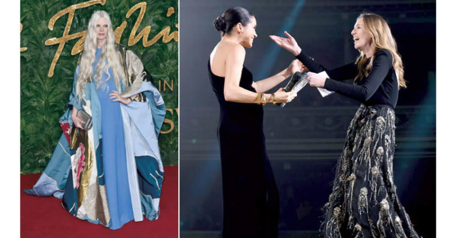 آثار المفاجأة تظهر على المصممة كلير وايت كيلر وهي تتسلم الجائزة من ميغان ماركل  -  العارضة كريستين مكمينامي وفستان من دار «فالنتينو»