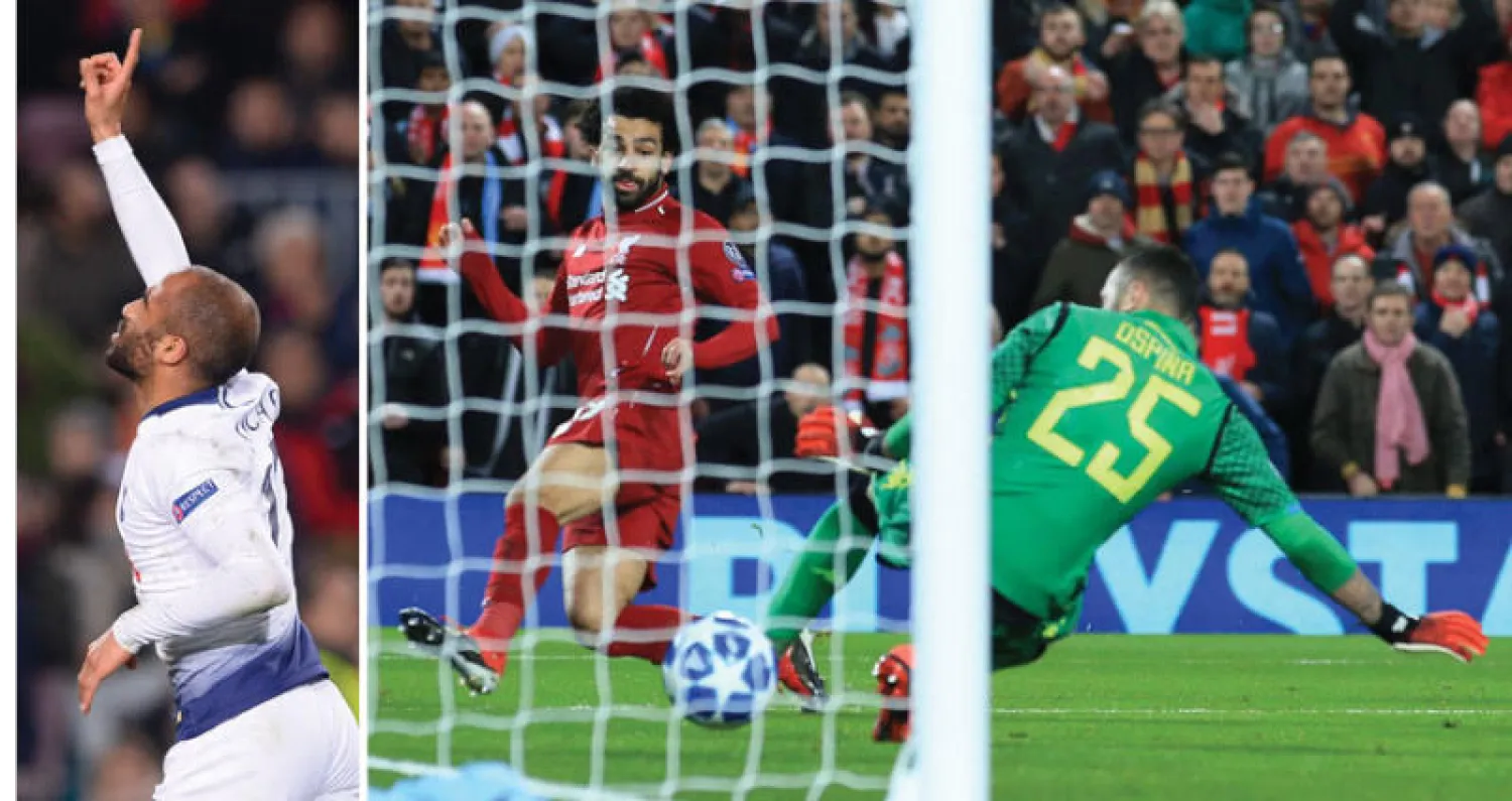 صلاح يسدد من بين قدمي أوسبينا حارس نابولي ليمنح ليفربول النصر (رويترز)  -  لوكاس مورا يحتفل بهدفه الذي منح توتنهام بطاقة التأهل (أ.ف.ب)