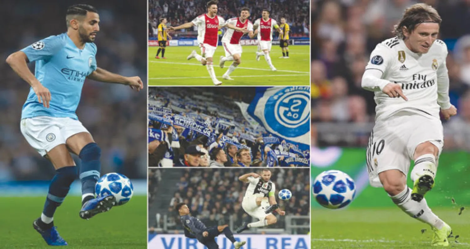 (من اليمين) مودريتش نجم ريال مدريد ولاعبو أياكس يحتفلون وترقب لجماهير شالكه وصراع كيلليني مدافع يوفنتوس مع لينغارد وأخيراً محرز نجم مانشستر سيتي