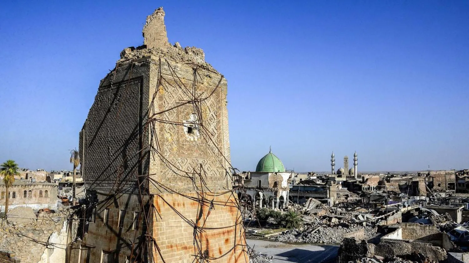 The base of the destroyed Al-Hadba leaning minaret in the Old City of Mosul. (AFP)