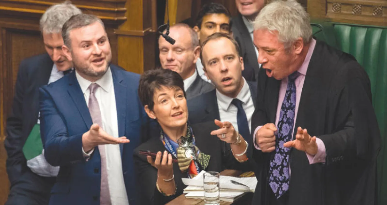 رئيس مجلس العموم البريطاني جون بيركو يدافع عن موقفه من تعليق كوربن في البرلمان أمس (أ.ف.ب)