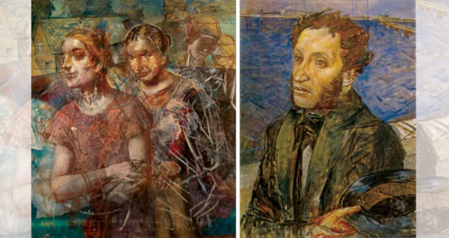 لوحة «بورتريه بوشكين» للرسام بيتروف فودكين  -  لوحة «كولخوزنيتسي» (الفلاحات) للرسام بيتروف فودكين