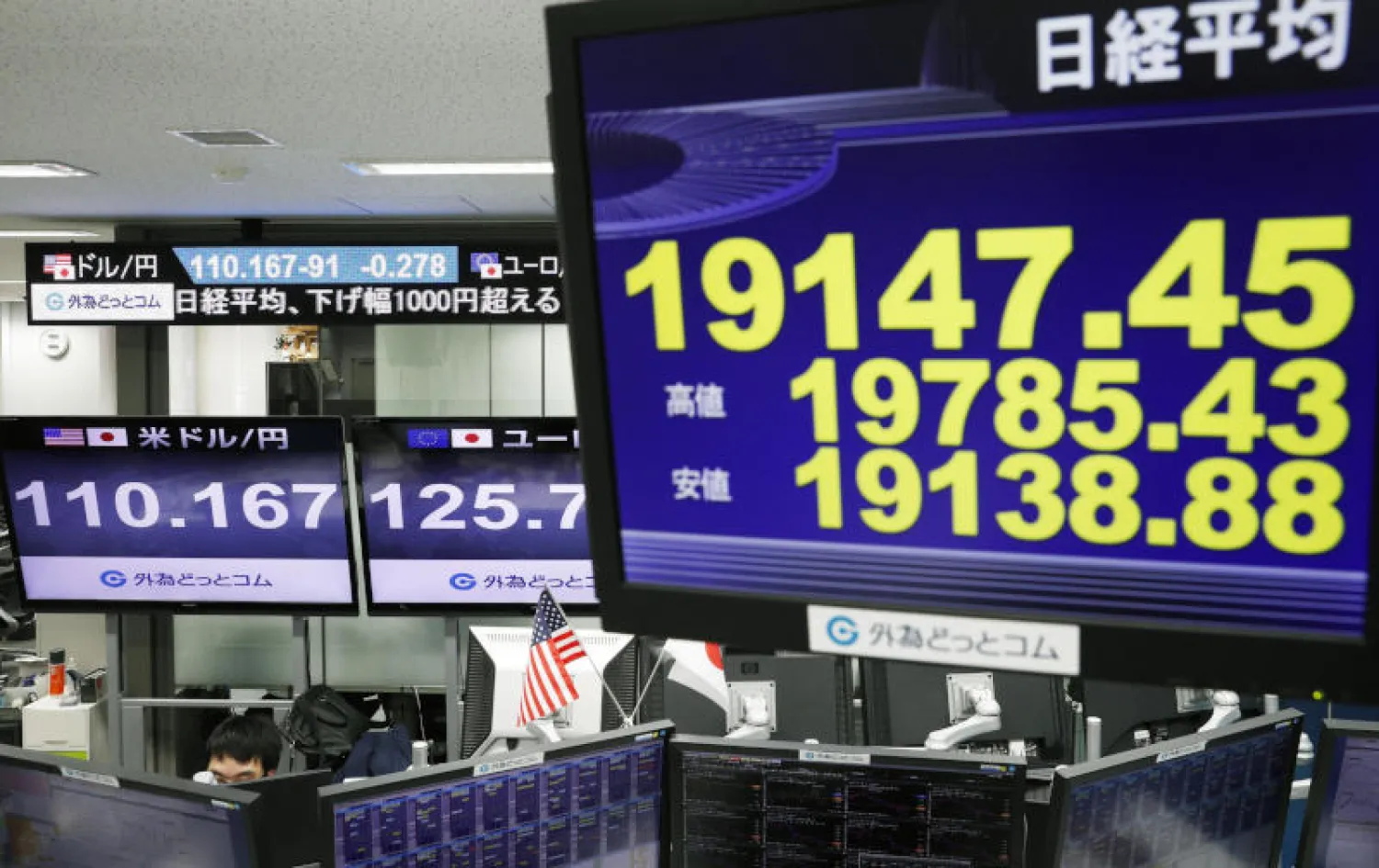 مؤشر نيكي (يمين) ويظهر سعر الصرف بين الين الياباني والدولار الأميركي على اليسار حسب تداولات اليوم (أ.ب)