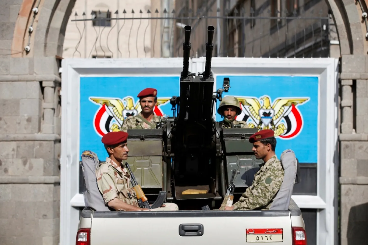 Soldiers guard the Yemeni parliament building in Sanaa in 2016. (Reuters)