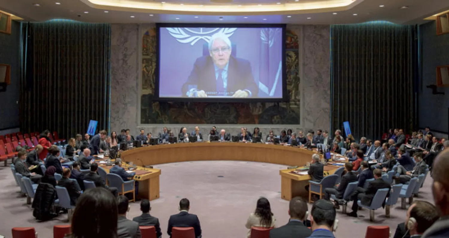 غريفيث مخاطباً مجلس الأمن أمس (الأمم المتحدة)