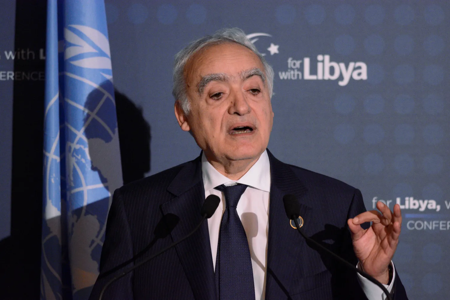 UN Special Envoy to Libya Ghassan Salame gestures as he speaks during a news conference after the second day of the international conference on Libya in Palermo, Italy November 13, 2018. REUTERS/Guglielmo Mangiapane/File Photo


