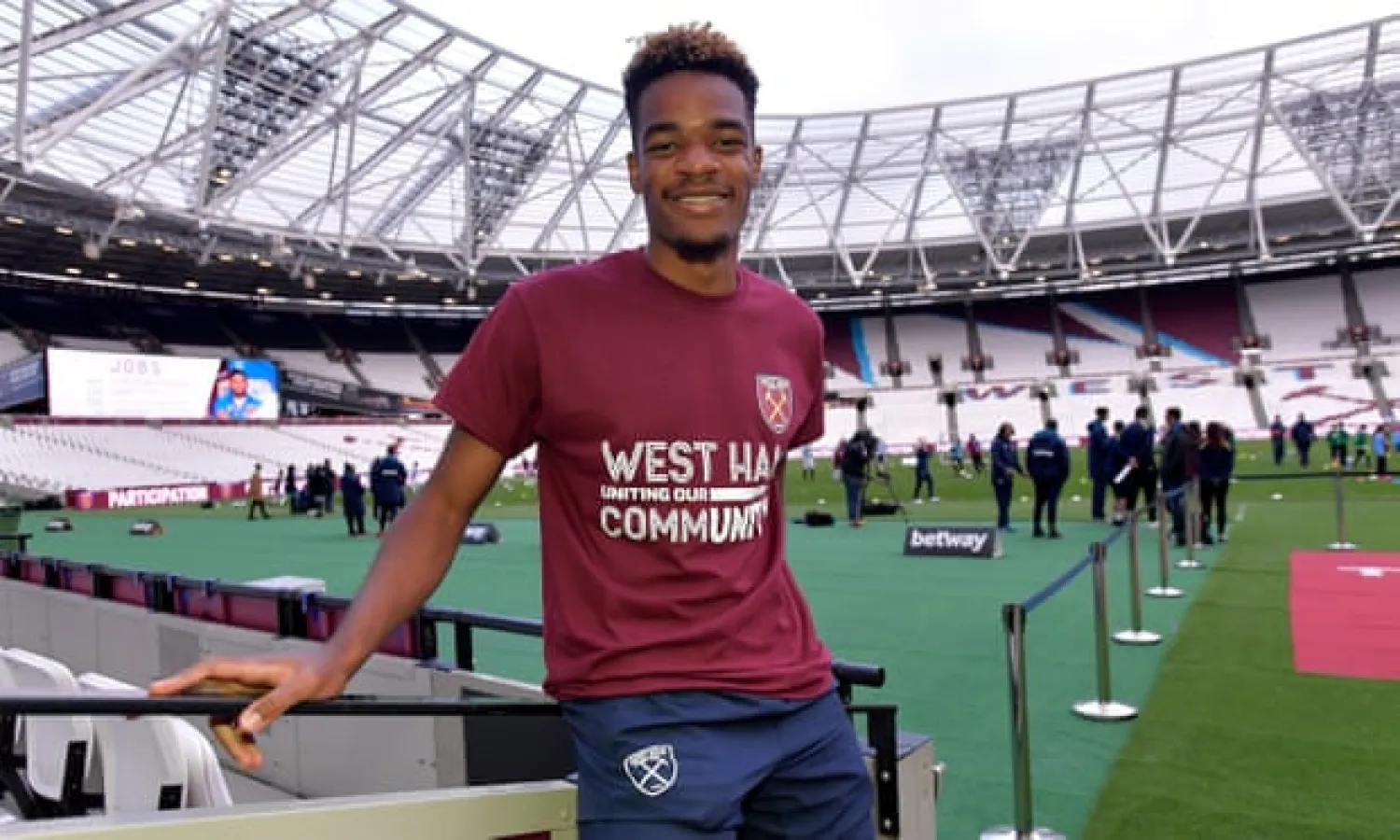  Grady Diangana, who played for West Ham’s under-18s at the age of 14, at the Players’ Project launch at London Stadium. Photograph: Arfa Griffiths/West Ham United via Getty Images
