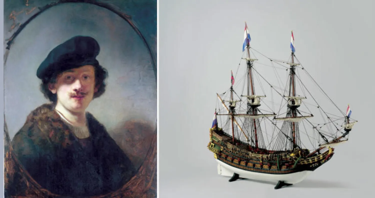 نموذج مصغر لسفينة حربية هولندية (متحف رايكس - أمستردام)  -  رامبرانت فان راين (1606 - 1669)... صورة شخصية ذاتية بعينين مظللتين 1634... ألوان زيتية على لوح خشبي (نيويورك - مجموعة لايدن)