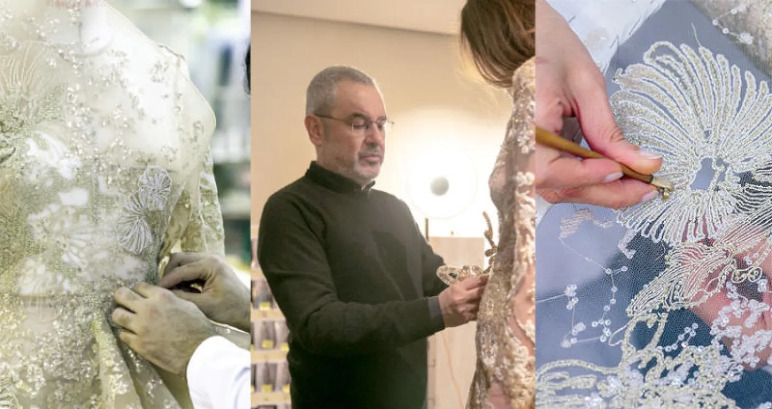 الفستان المفضل لصعب في مجموعته الجديدة  - صعب منهمكاً في وضع اللمسات الأخيرة على قطعته المختارة - أنامل محترفة تطرز بعناية في ورشة إيلي صعب (الشرق الأوسط)