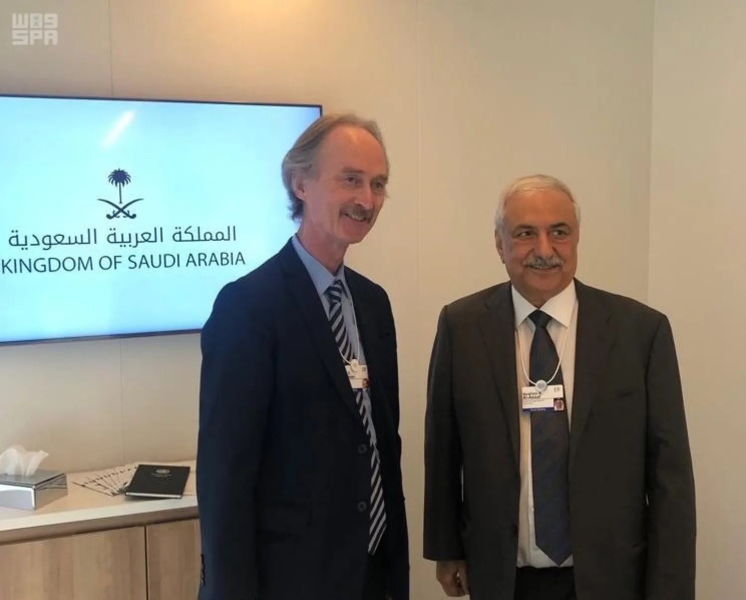 Saudi FM Assaf holds talks with UN envoy to Syria Pedersen. (SPA)