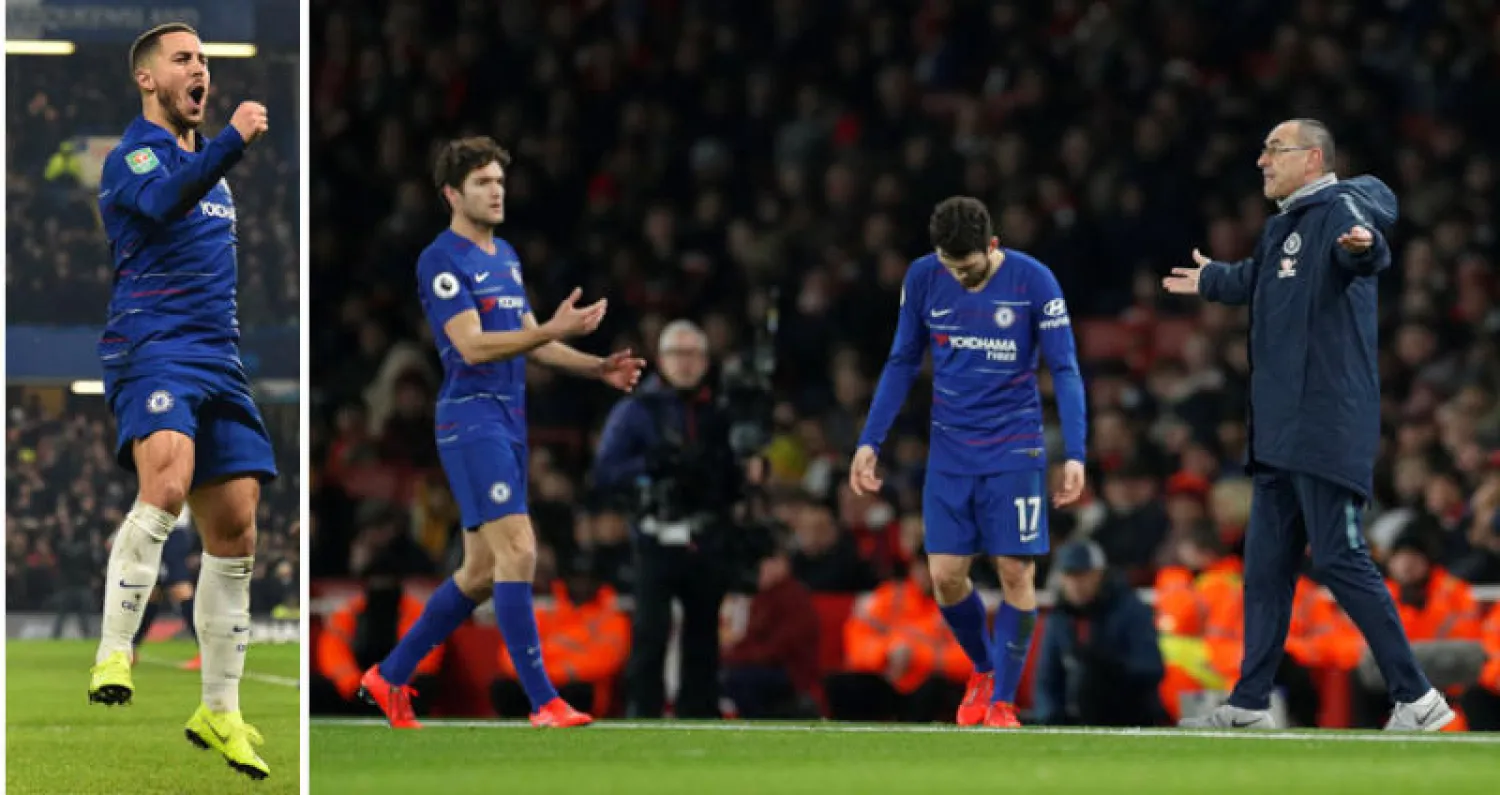 يجب على ساري أن يتحدث مع  لاعبيه في الغرف المغلقة (رويترز)  -  هازارد رد على انتقادات ساري بهزه شباك توتنهام (أ.ف.ب)