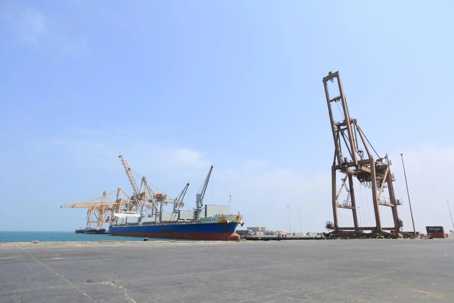 A ship is docked to unload a cargo of wheat at the port of Hodeidah, Yemen April 1, 2018. (Reuters)