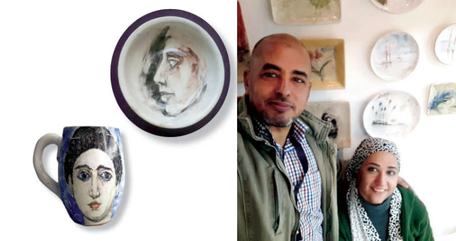 الدكتورة مي ندا وزوجها الدكتور عبد الحميد صاحبا المشروع  -  «وجوه الفيوم» تُعتبر من أيقونات الفن إبان الوجود الروماني في مصر -  كوب يحمل رسماً لأحد «وجوه الفيوم» الشّهيرة