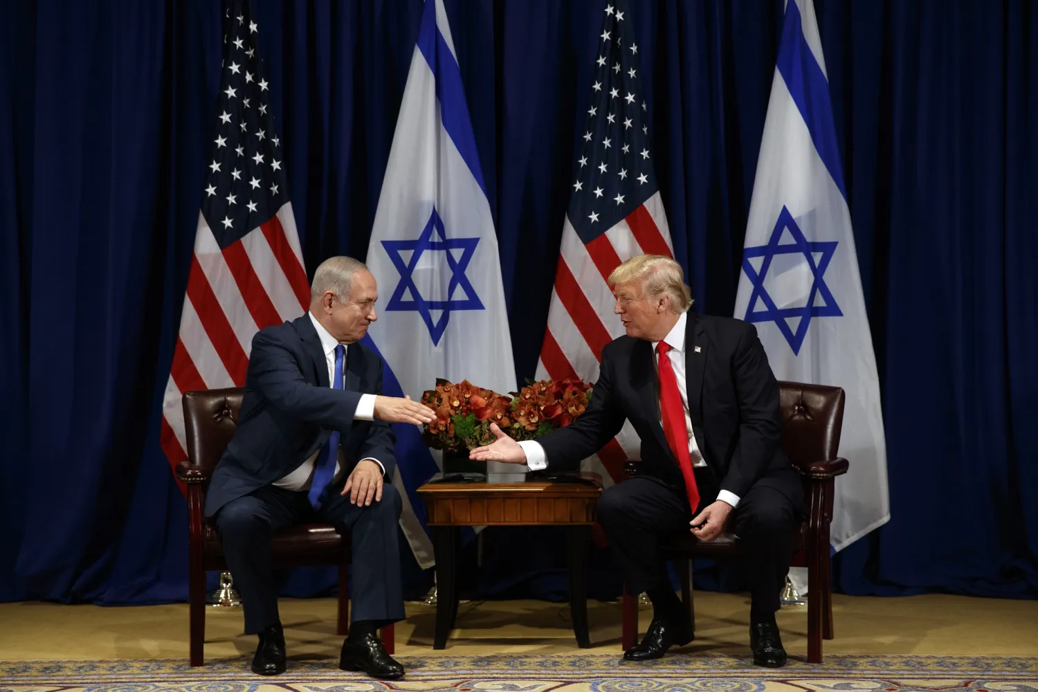 President Donald Trump meets with Israeli Prime Minister Benjamin Netanyahu at the Palace Hotel during the United Nations General Assembly, Monday, Sept. 18, 2017, in New York.

