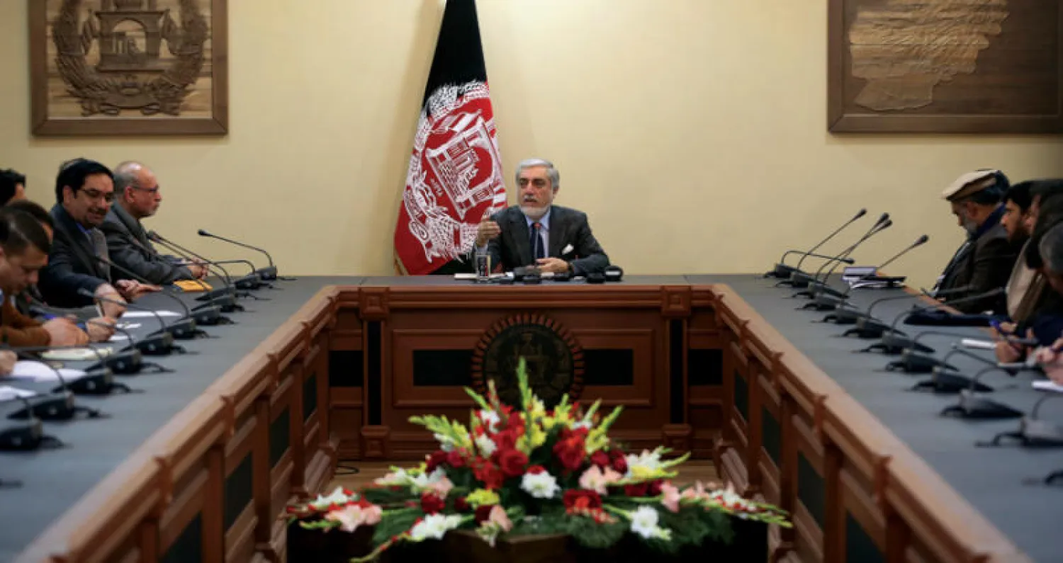 عبد الله عبد الله يتحدث خلال مؤتمر صحافي في كابل أمس (أ.ب)