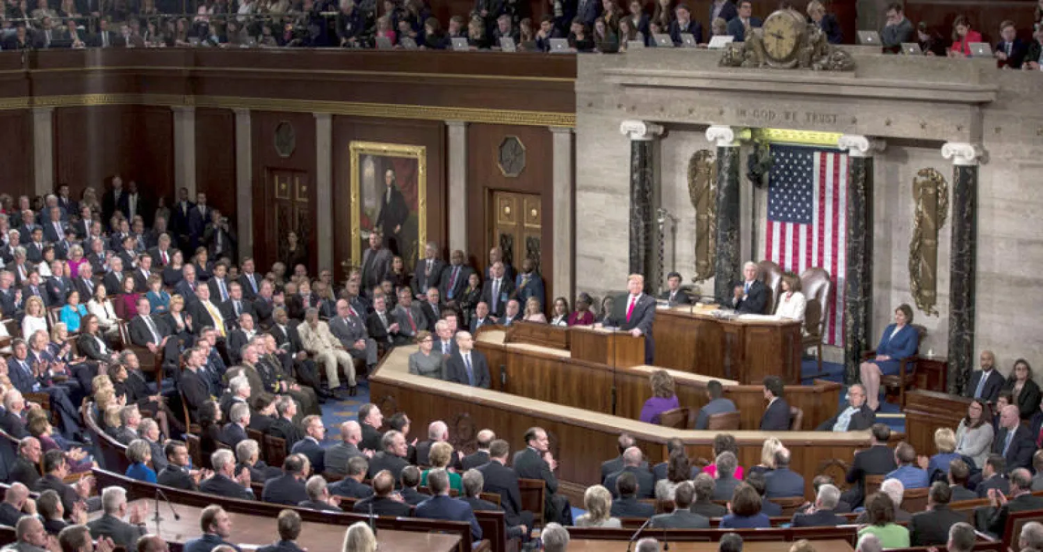 ترمب يلقي خطاب حالة الاتحاد في مجلس النواب الأميركي  مساء أول من أمس (أ.ف.ب)