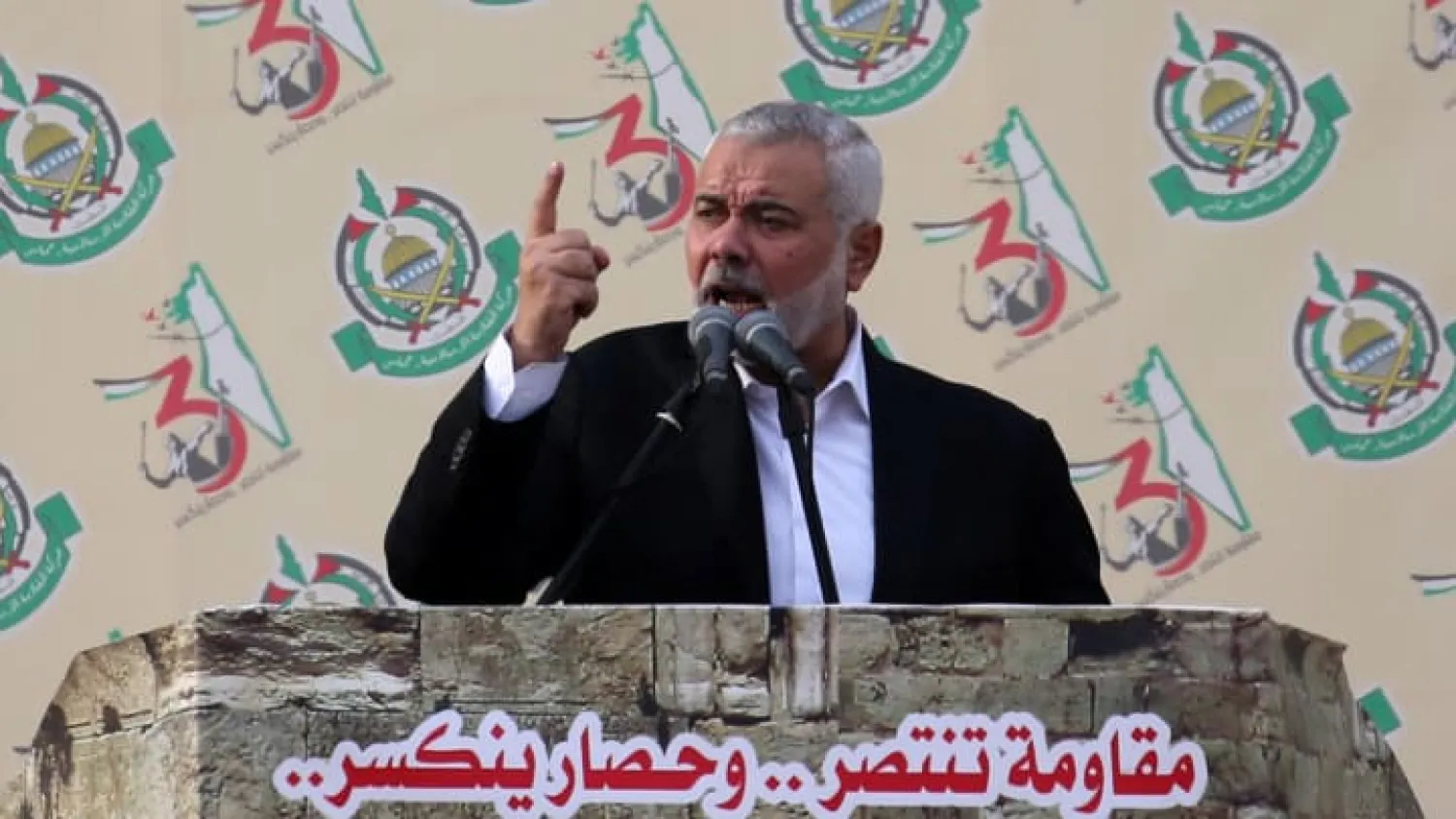  Ismail Haniyeh gestures as he speaks during a rally marking the 31st anniversary of Hamas' founding, in Gaza City December 16, 2018. REUTERS/Ibraheem Abu Mustafa