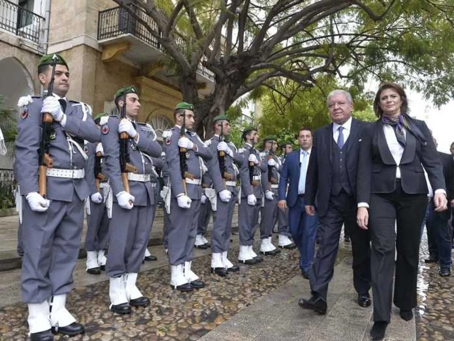 Interior Minister Raya al-Hassan and her predecessor, former Minister Nohad al-Mashnouq, during the handover ceremony on Wednesday (Dalati & Nohra)