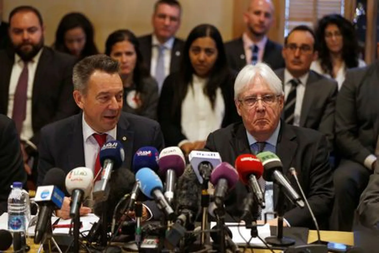 United Nations Special Envoy to Yemen Martin Griffiths and International Committee of the Red Cross President Peter Maurer speak to the media during a new round of talks by Yemen's warring parties on a prisoners swap deal, in Amman, Jordan February 5, 2019. REUTERS/Muhammad Hamed