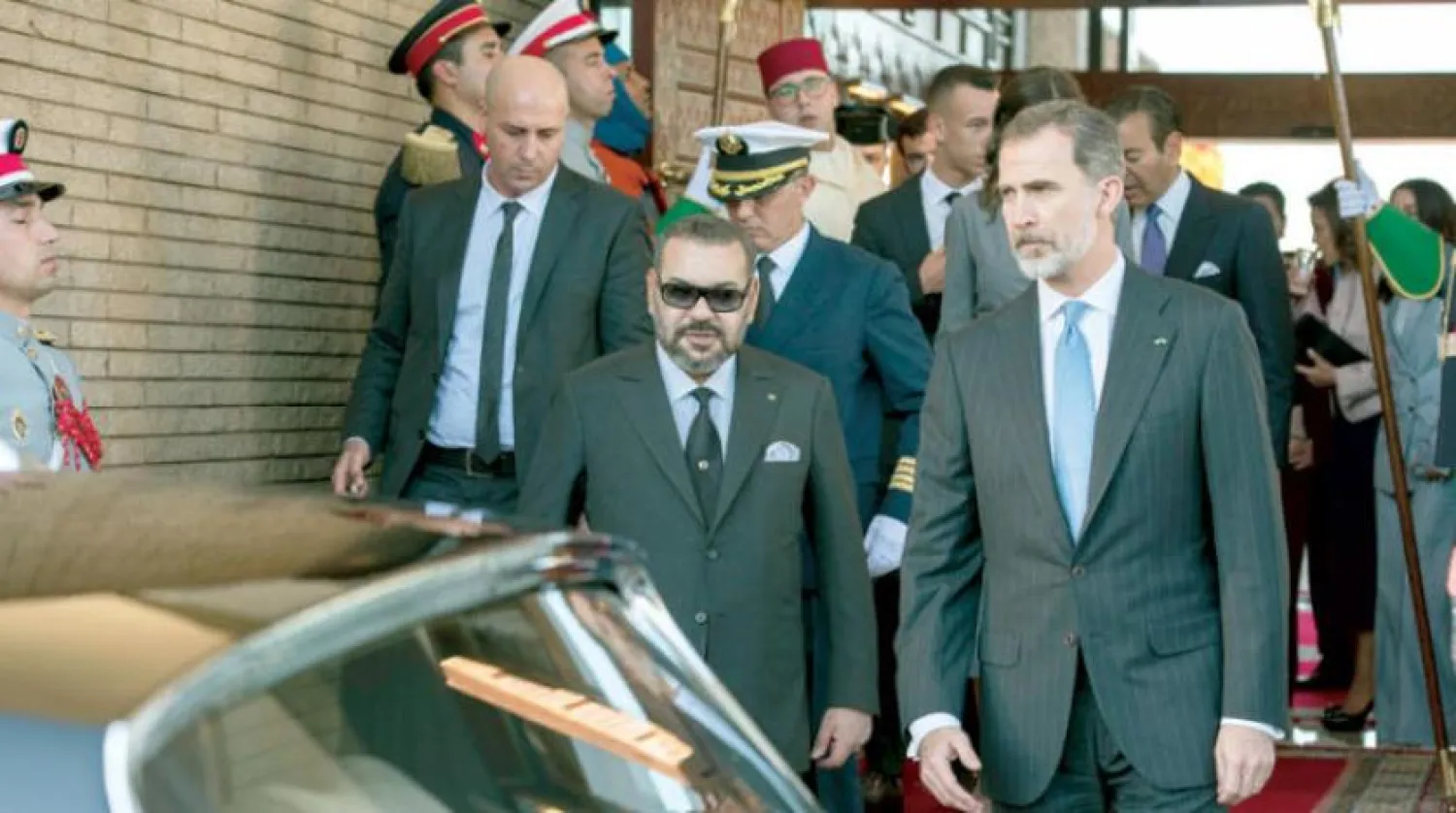 King Mohammed VI of Morocco (L) receives King Felipe VI (R) at the Rabat Sale airport in Rabat, Morocco, 13 February 2019 . EPA/JALAL MORCHIDI