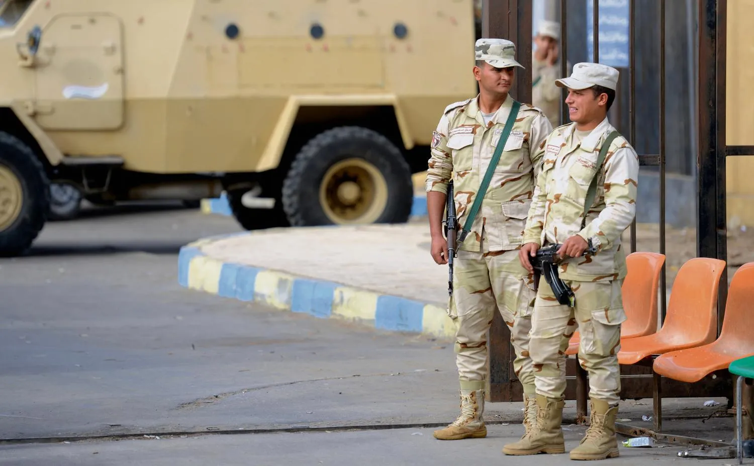 Egyptian conscripts stand guard after a bomb and gun assault on a North Sinai mosque in November 2017 killed more than 300 people and triggered a major offensive against the militants | AFP
