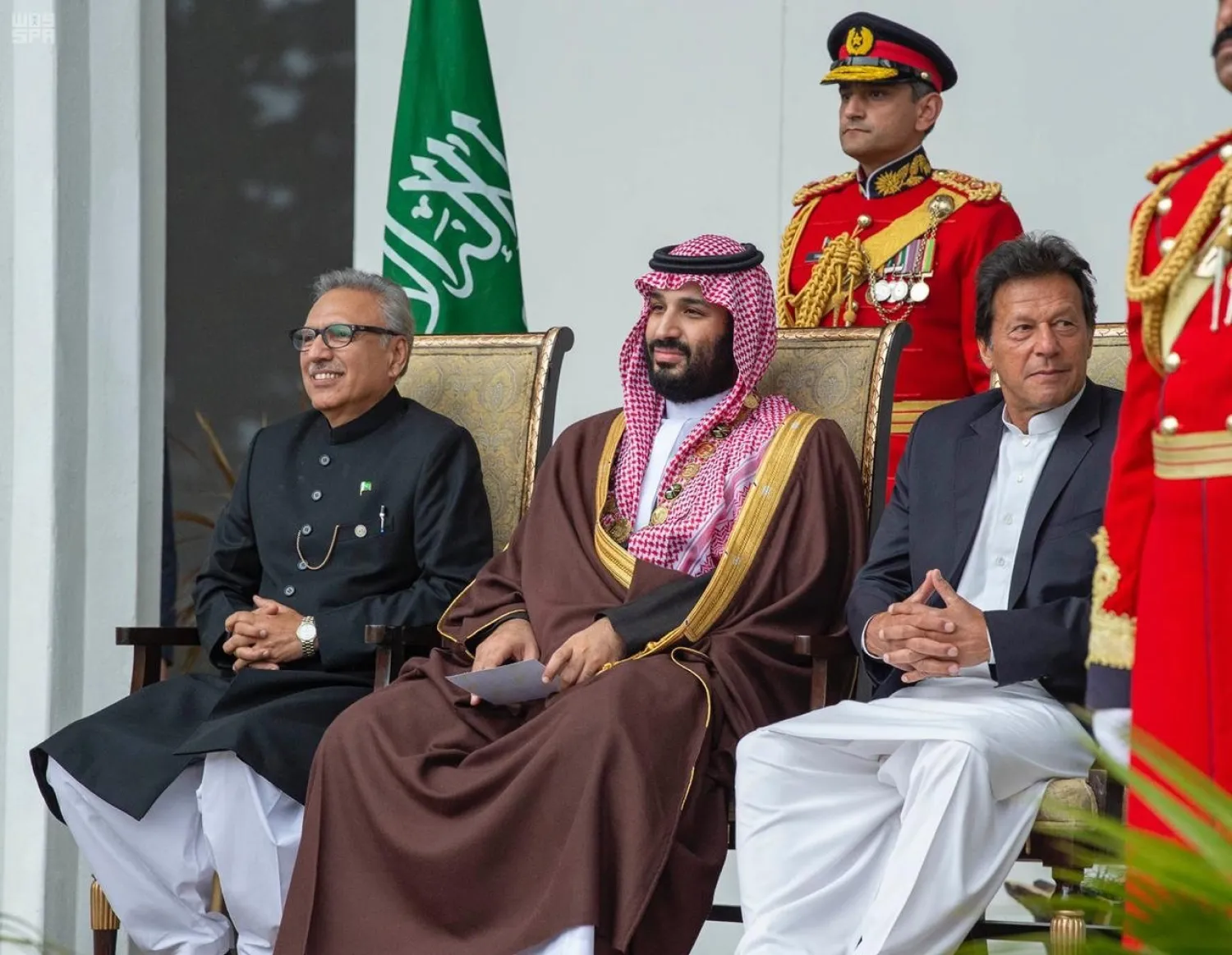Saudi Crown Prince Mohammed bin Salman and Pakistani PM Imran Khan during a ceremony in Islamabad. (SPA)