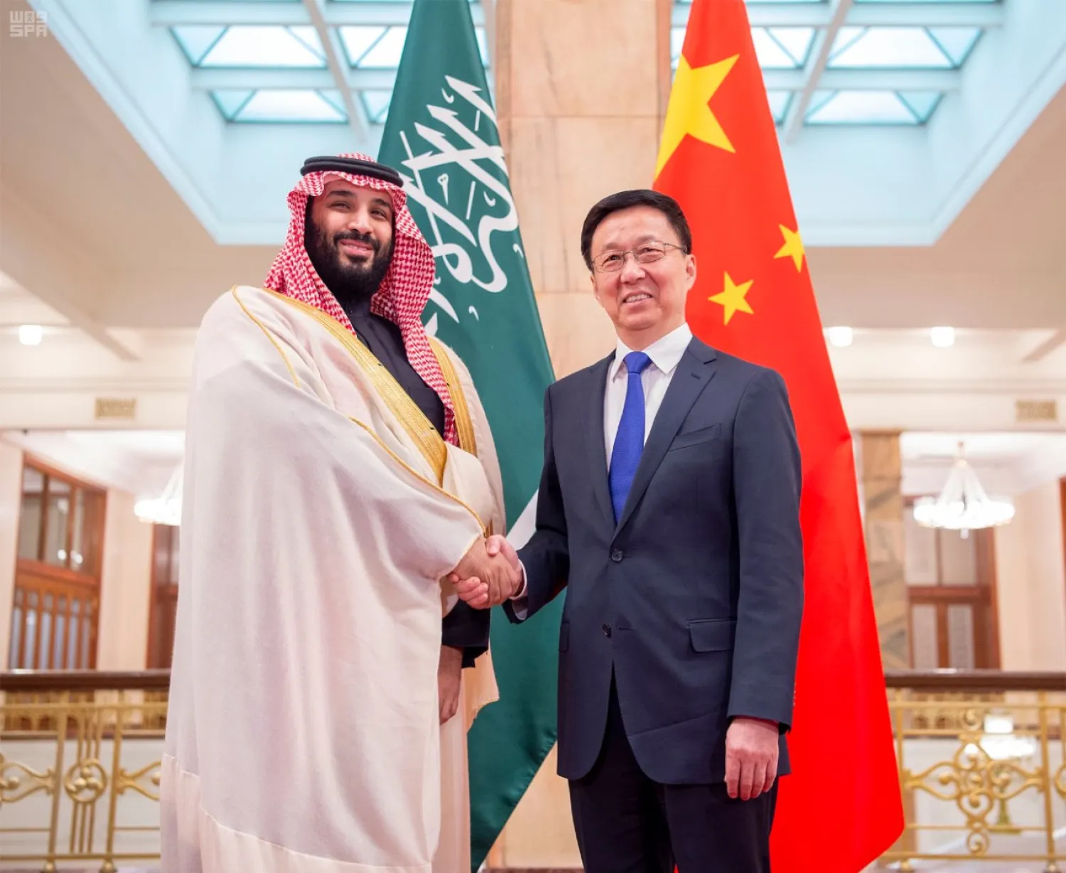 Crown Prince Mohammed bin Salman meets with Vice Premier of the State Council of China Han Zheng in Beijing. (SPA)