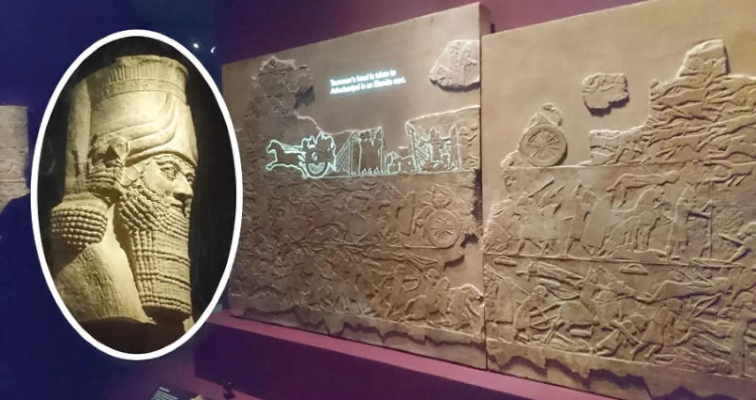 جدارية لإحدى غزوات آشوربانيبال... وفي الإطار مجسم لرأسه