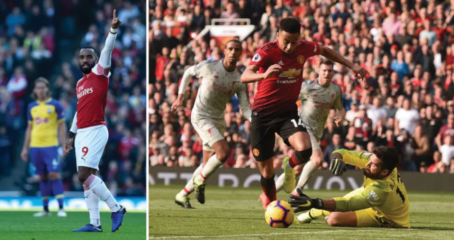 أليسون حارس ليفربول ينقذ أخطر هجمة في المباراة بالتقاط الكرة من بين قدمي لينغارد المنفرد (أ.ف.ب)  -  لاكازيت نجم آرسنال يحتفل بهدفه (إ.ب.أ)