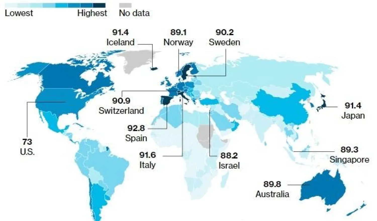 خارطة تظهر بالأرقام البلدان الأكثر صحة (بلومبرغ)
