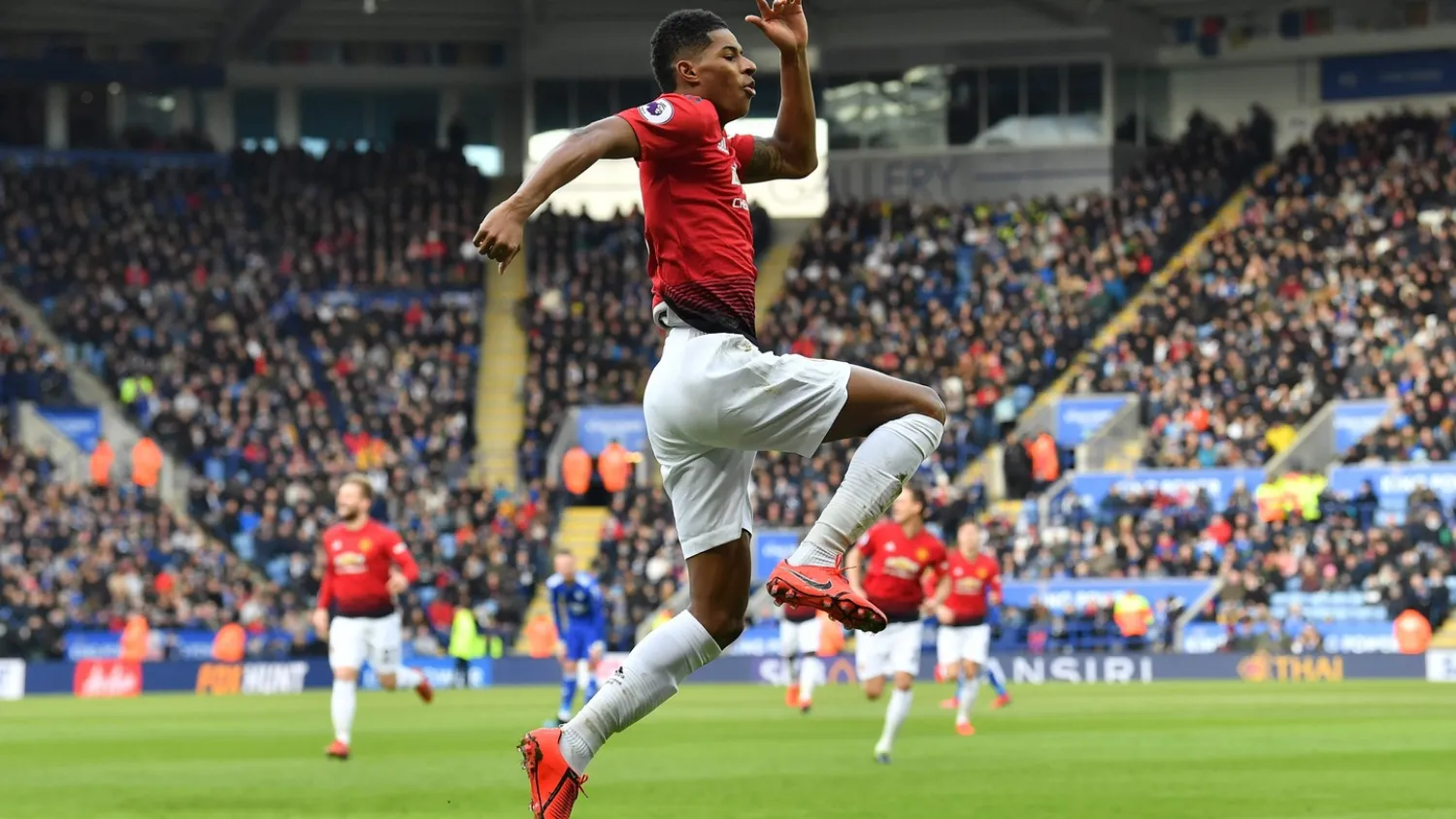 Marcus Rashford celebrates opening the scoring for Manchester United against Leicester City earlier this month. (AFP)