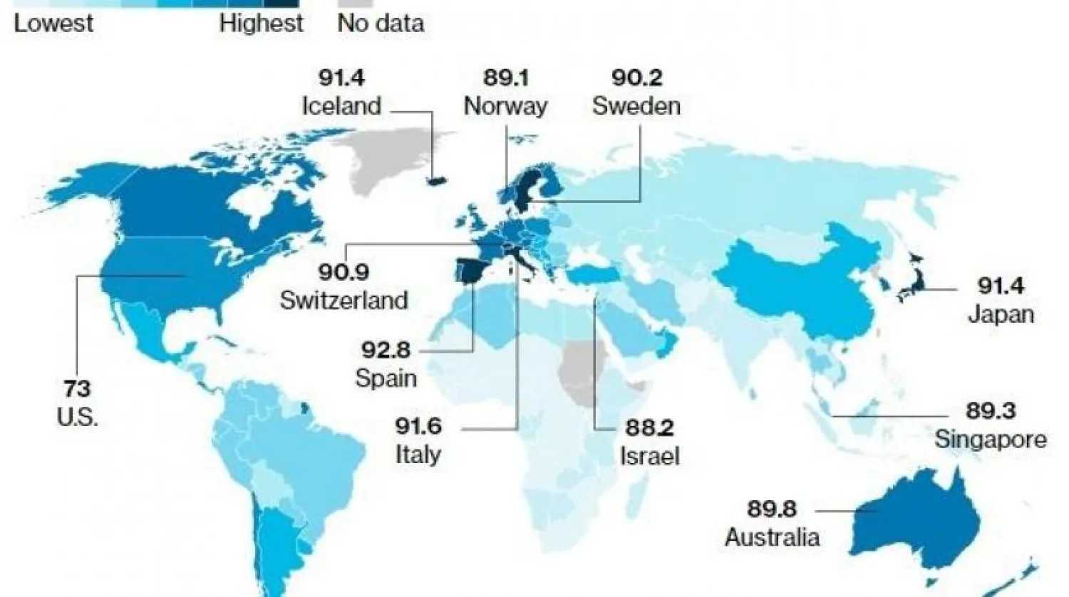 En sağlıklı ülkeleri gösteren harita (Bloomberg)