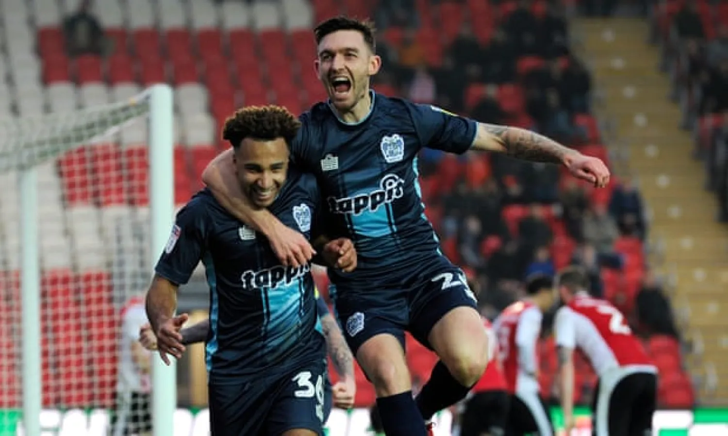  Bury’s attacking football has received plenty of praise thanks to the work of striker Nicky Maynard, left, and Jay O’Shea, right. Photograph: Alex Burstow/Getty Images
