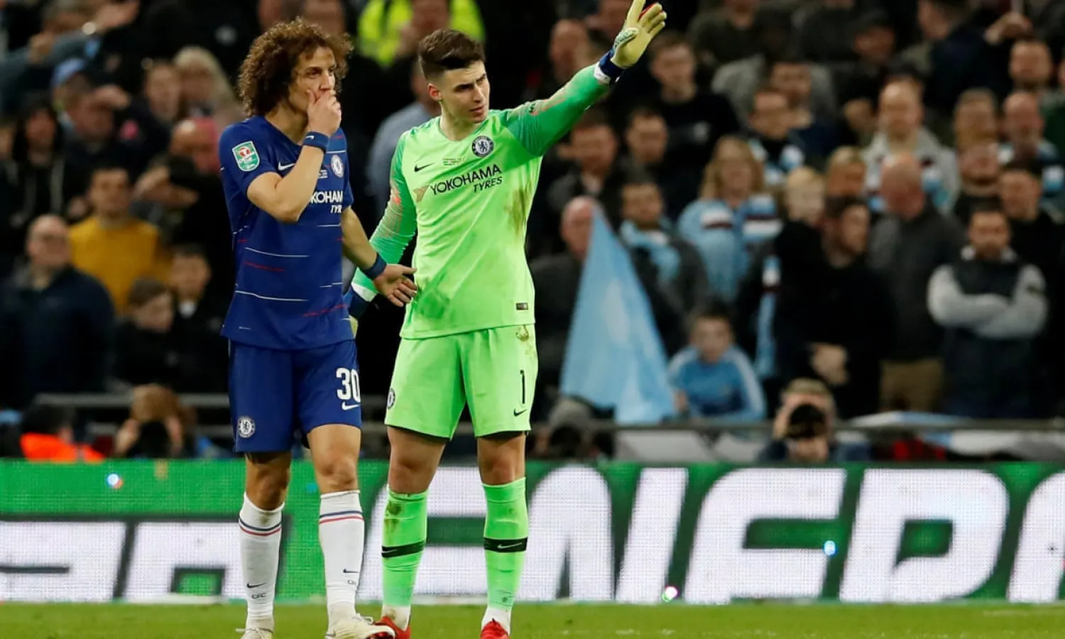 Chelsea’s Kepa Arrizabalaga gestures to his manager that he is not going to come off during the League Cup final against Manchester City on Sunday. Photograph: David Klein/Reuters